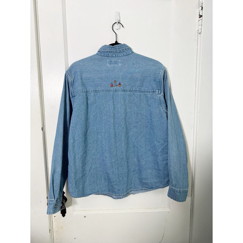 Vintage Collared Denim Button Down Shirt Embroidered Fall Motif Pumpkins Autumn - Picture 13 of 16